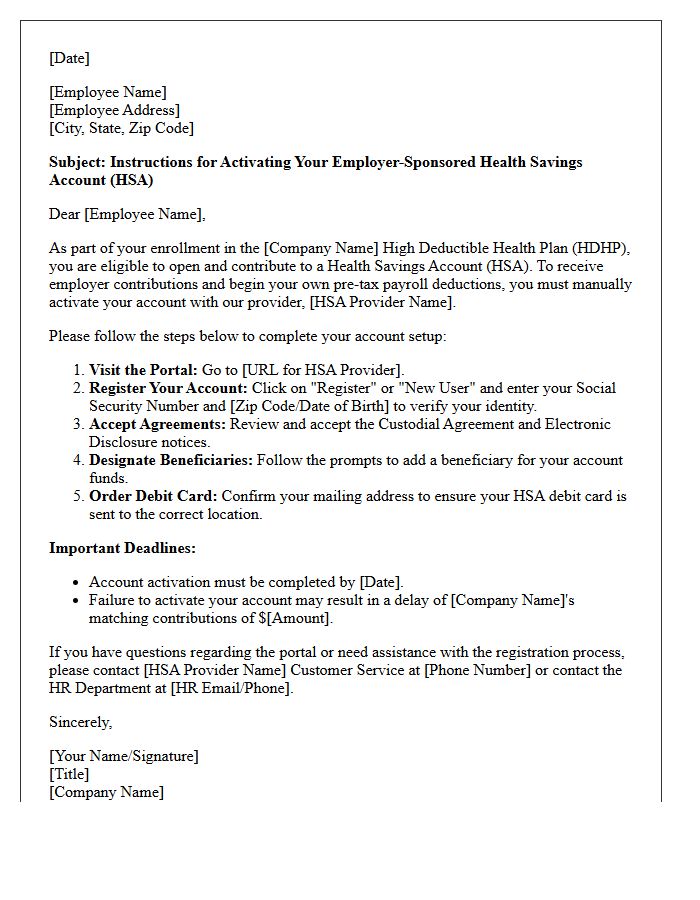 Letter of Instruction for Employer-Sponsored Health Savings Account Activation