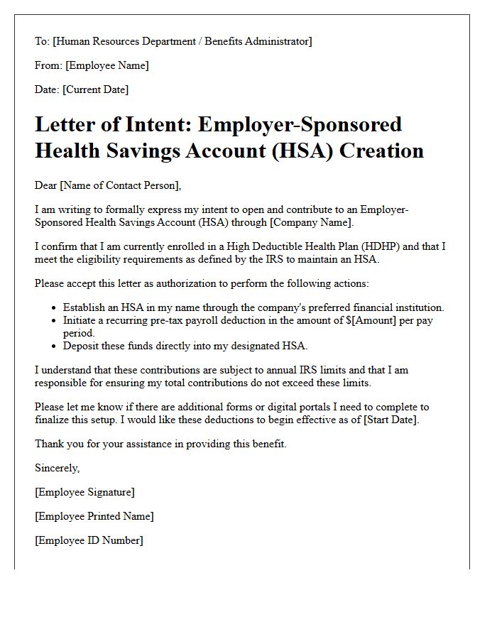 Letter of Intent for Employer-Sponsored Health Savings Account Creation