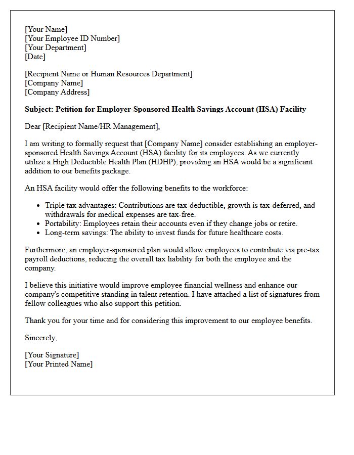 Letter of Petition for Employer-Sponsored Health Savings Account Facility