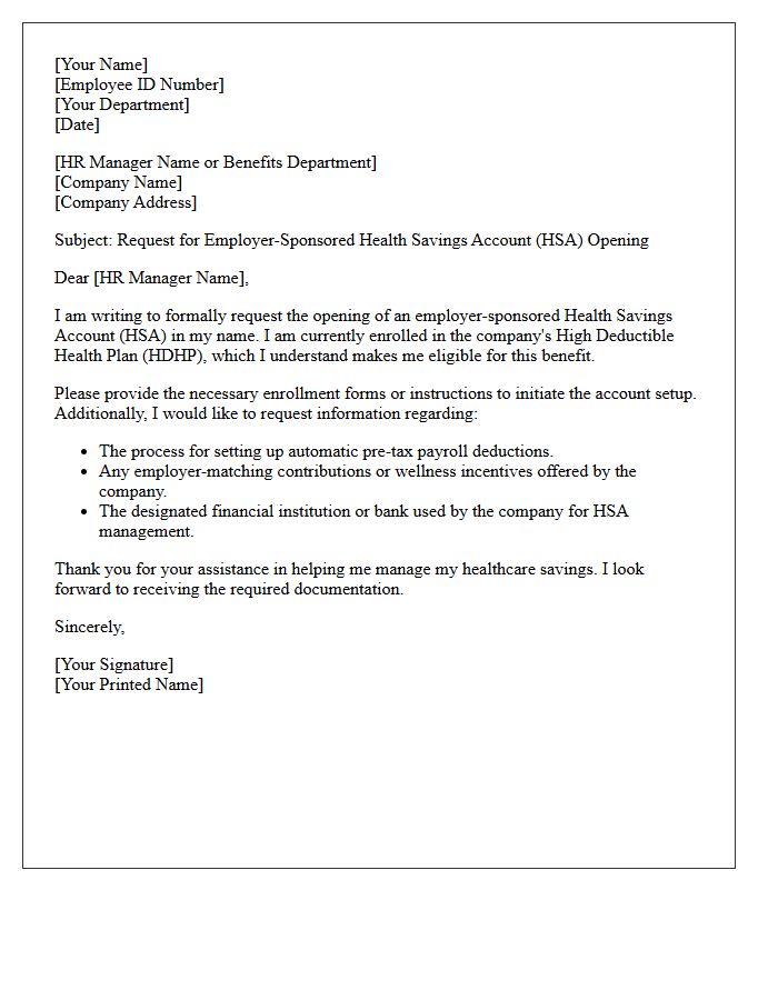 Letter of Request for Employer-Sponsored Health Savings Account Opening