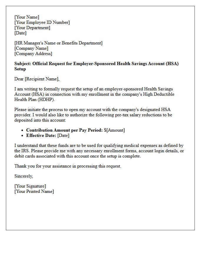 Official Letter of Application for Employer-Sponsored Health Savings Account Setup