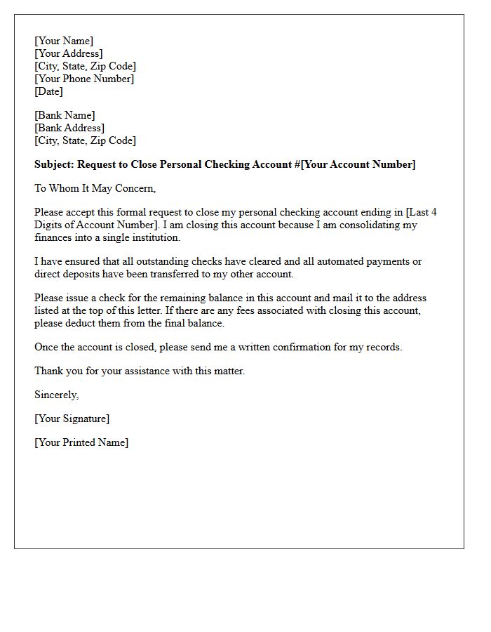Account Consolidation Letter to Close Personal Checking Account