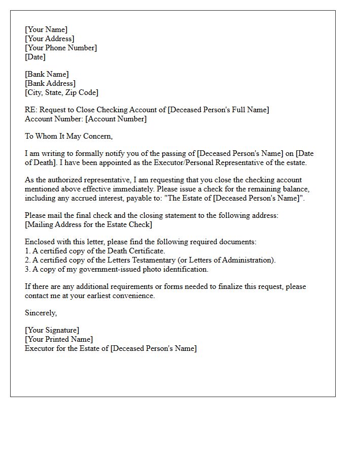 Executor Letter to Close Deceased Personal Checking Account