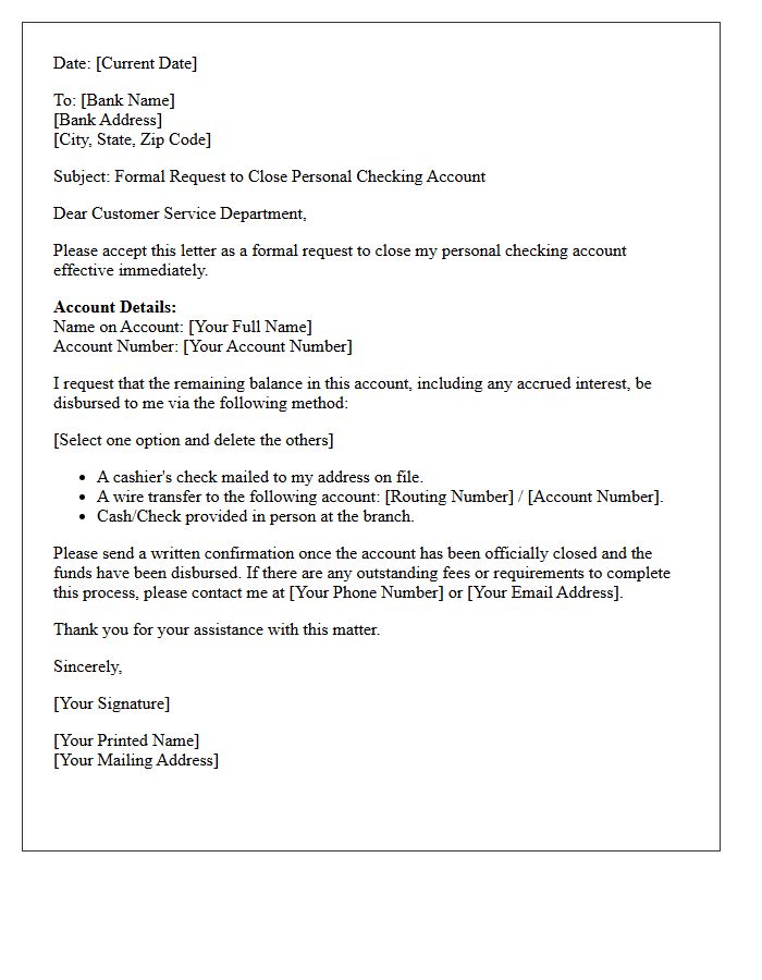 Funds Disbursement Letter to Close Personal Checking Account