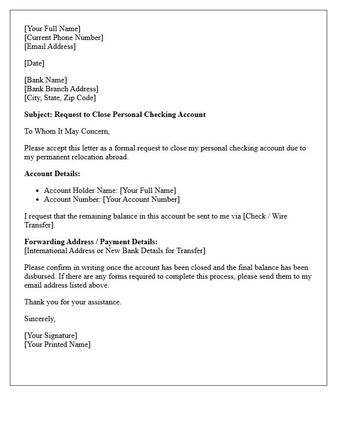 International Relocation Letter to Close Personal Checking Account