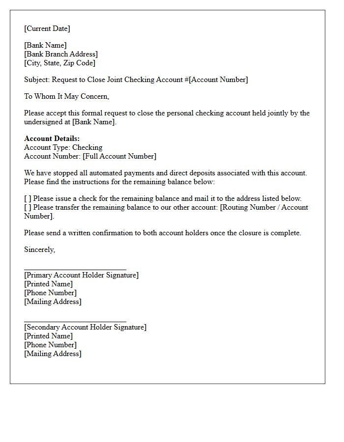 Joint Account Holder Letter to Close Personal Checking Account