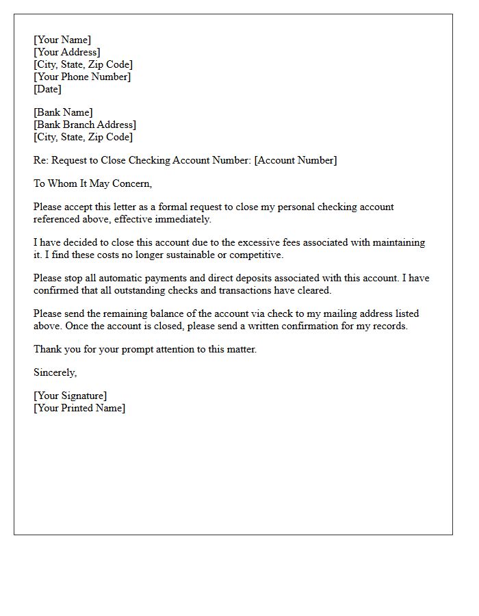 Letter to Close Personal Checking Account Due to Excessive Fees