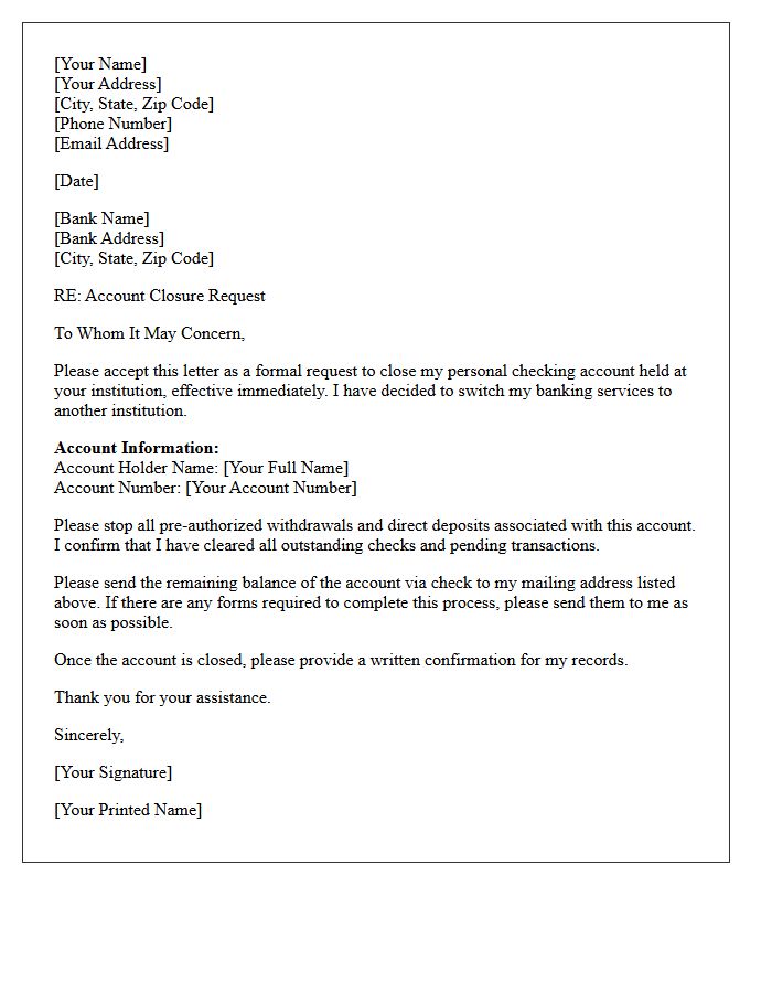 Letter to Close Personal Checking Account Due to Institution Switch