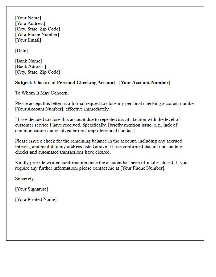 Letter to Close Personal Checking Account Due to Poor Customer Service