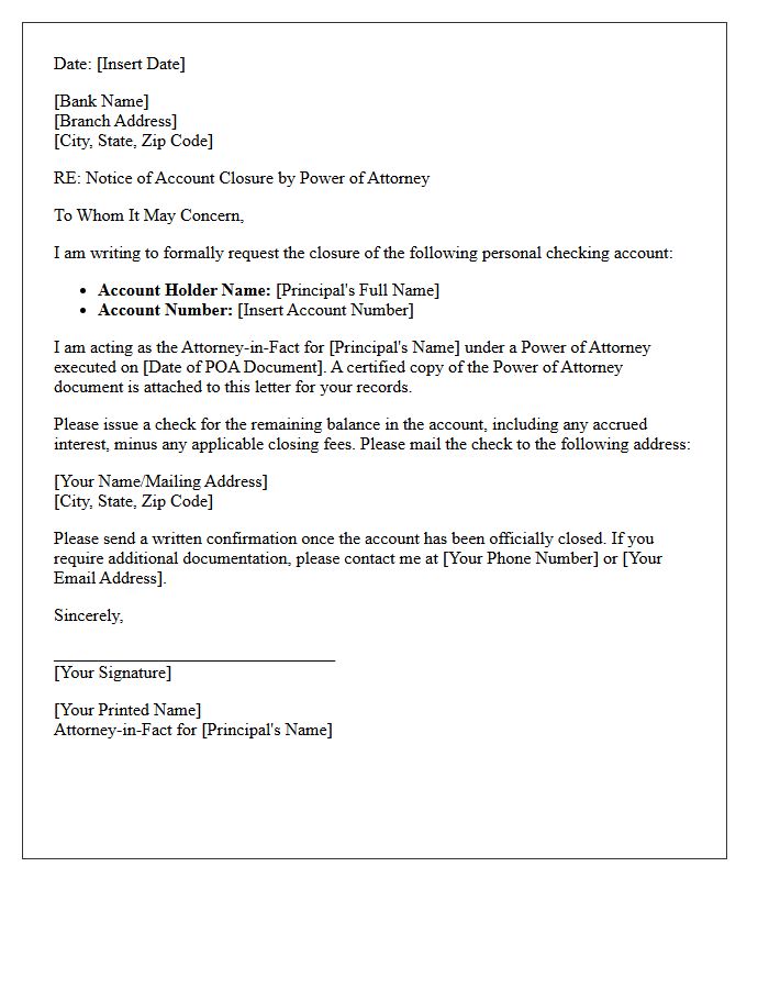 Power of Attorney Letter to Close Personal Checking Account