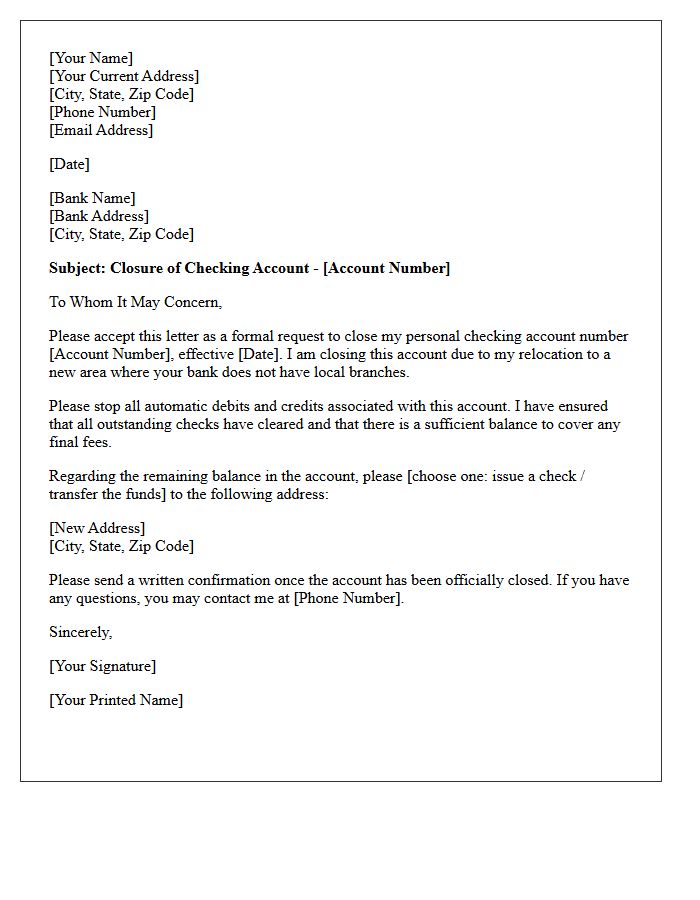Relocation Letter to Close Personal Checking Account