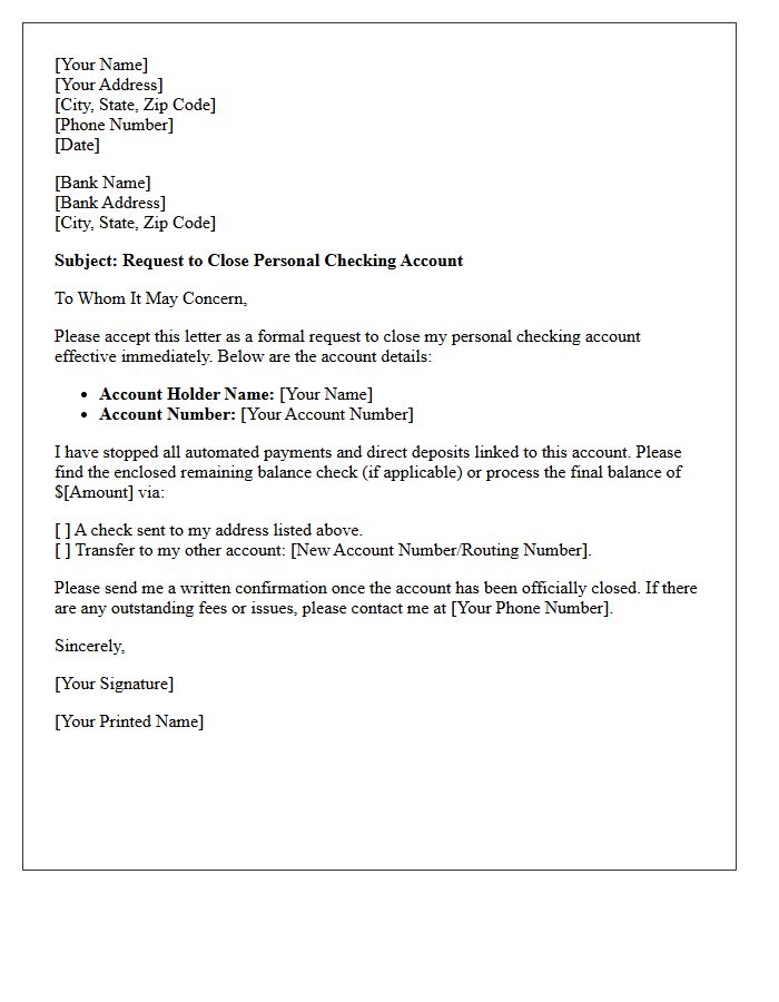 Standard Letter to Close Personal Checking Account