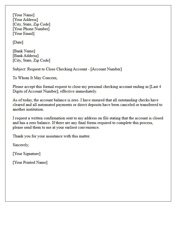 Zero Balance Letter to Close Personal Checking Account