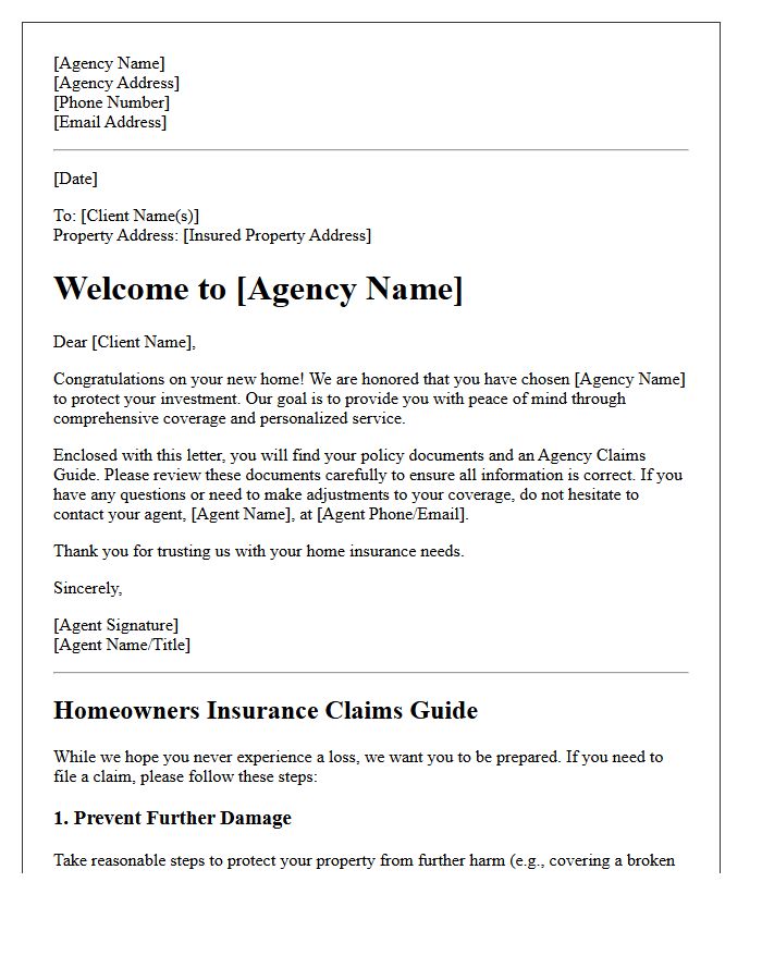 Agency Welcome Letter and Claims Guide for New Homeowners