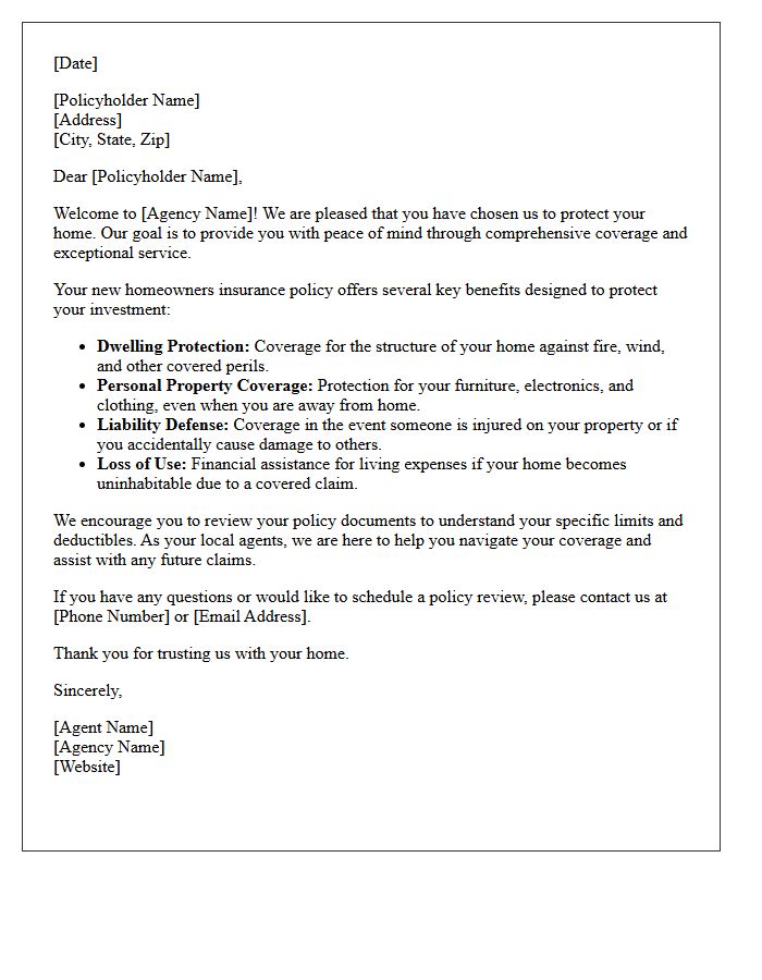 Agency Welcome Letter Highlighting Homeowners Insurance Benefits