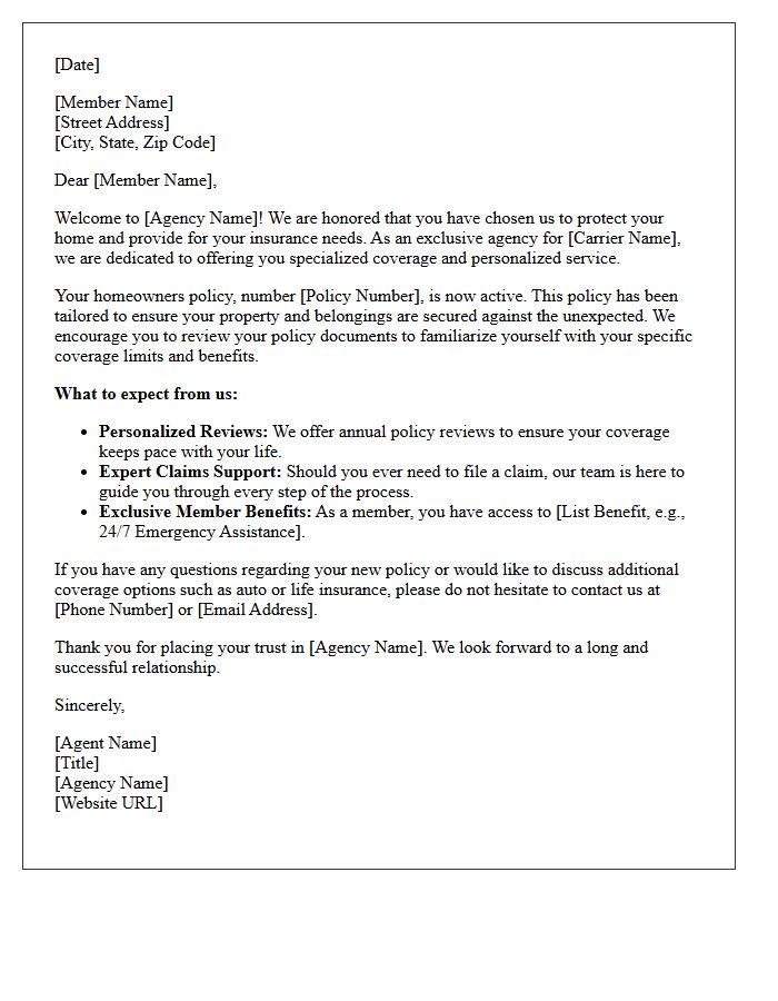 Exclusive Agency Welcome Letter for Homeowners Insurance Members