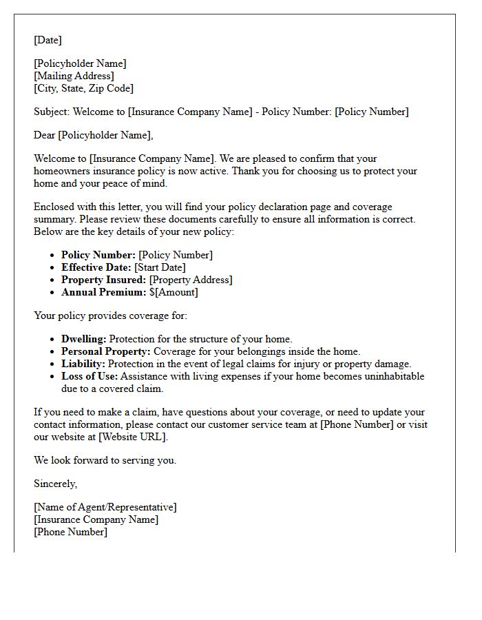 Welcome Letter Detailing Your New Homeowners Insurance Policy
