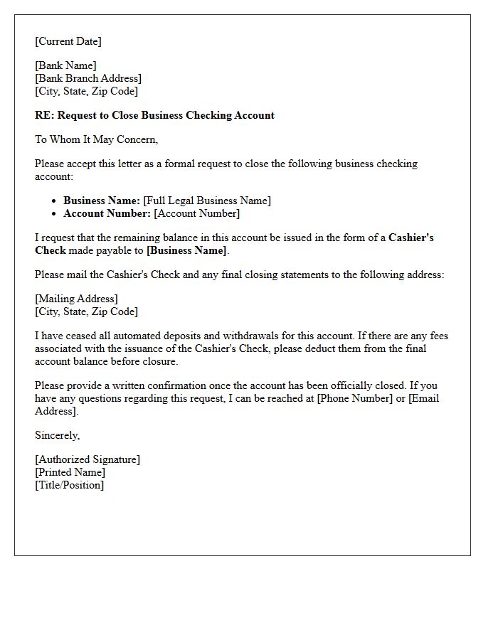 Letter to Close Business Checking Account and Request Cashiers Check