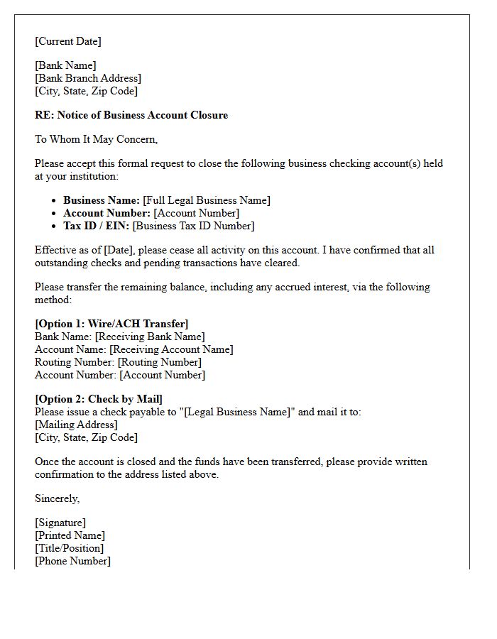 Letter to Close Business Checking Account and Transfer Funds