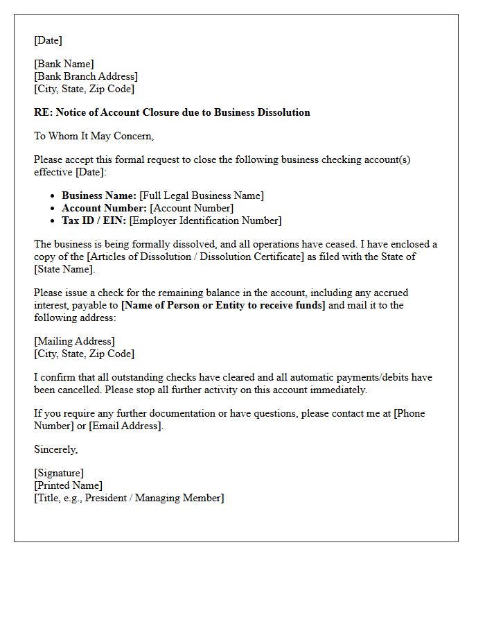 Letter to Close Business Checking Account Due to Dissolution