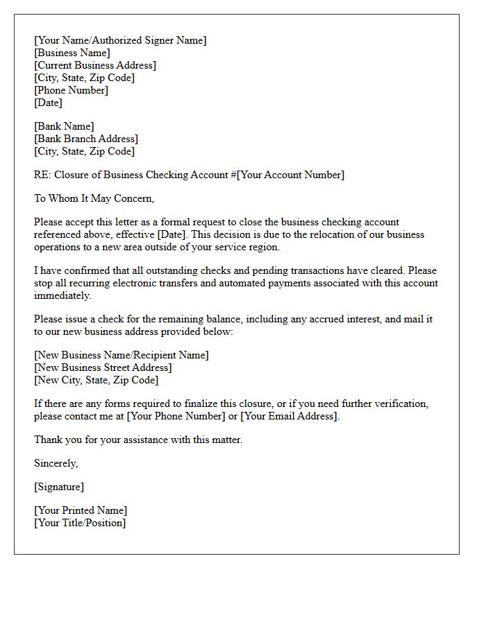 Letter to Close Business Checking Account Due to Relocation