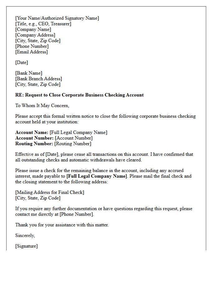 Letter to Close Corporate Business Checking Account
