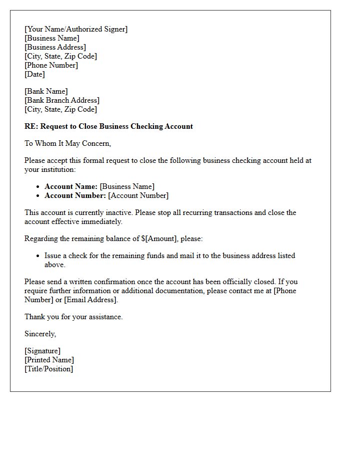 Letter to Close Inactive Business Checking Account
