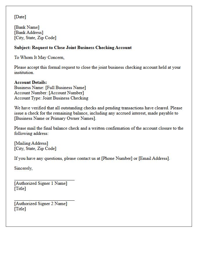 Letter to Close Joint Business Checking Account