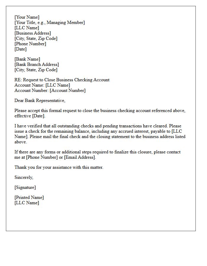 Letter to Close LLC Business Checking Account