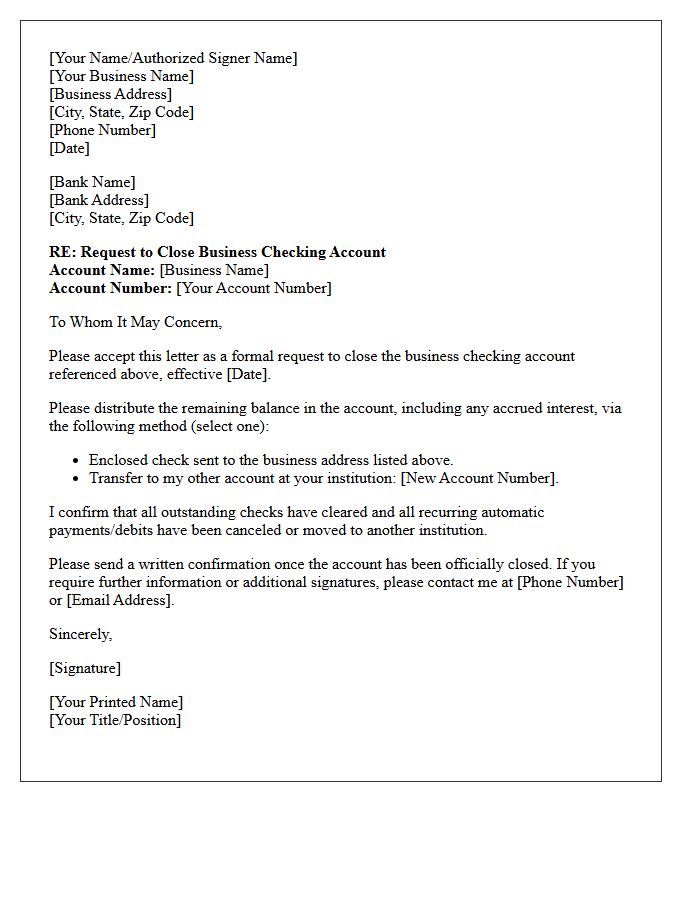 Letter to Close Standard Business Checking Account