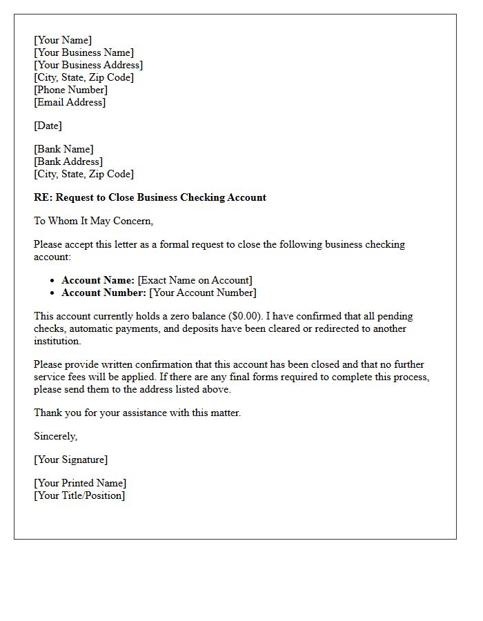 Letter to Close Zero Balance Business Checking Account