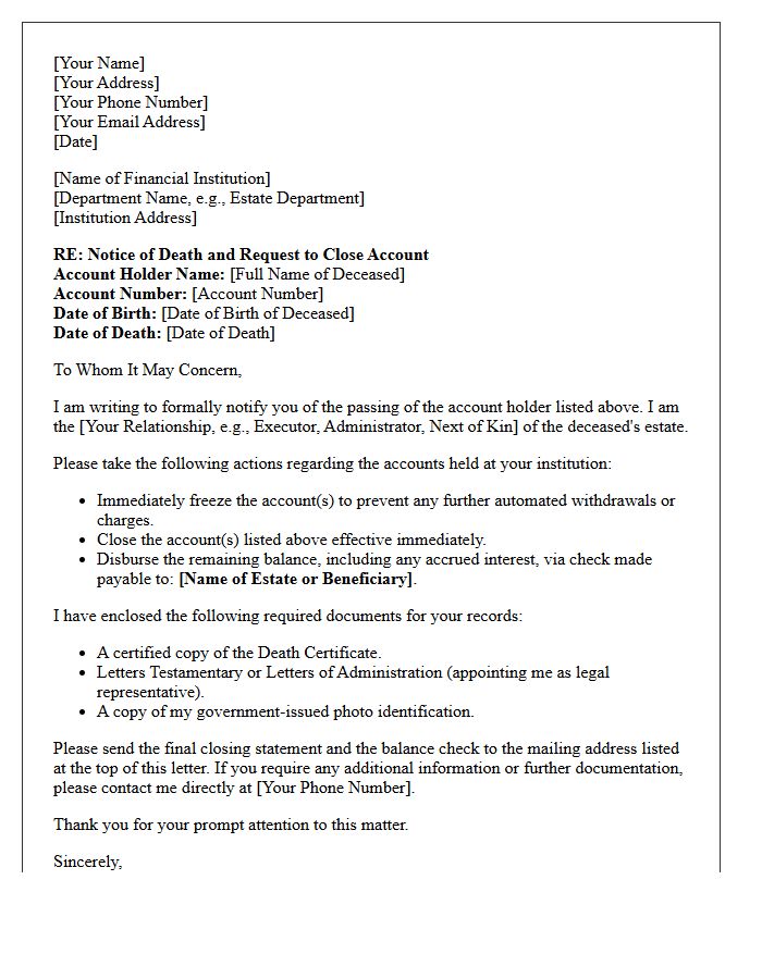Letter of Instruction to Close Account of Deceased Relative