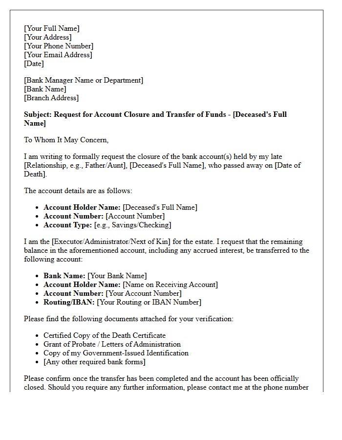 Letter Requesting Fund Transfer and Closure of Deceased Relative Account
