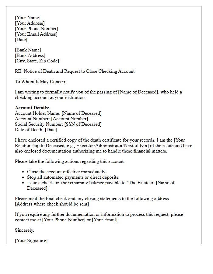 Letter to Close Checking Account of Deceased Relative