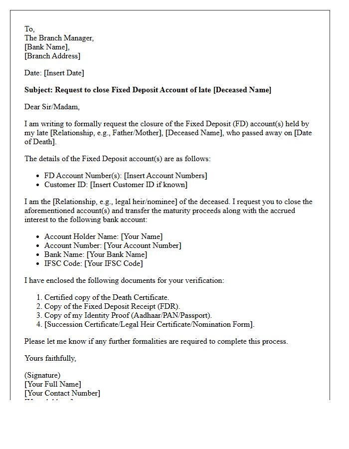 Letter to Close Fixed Deposit Account of Deceased Relative