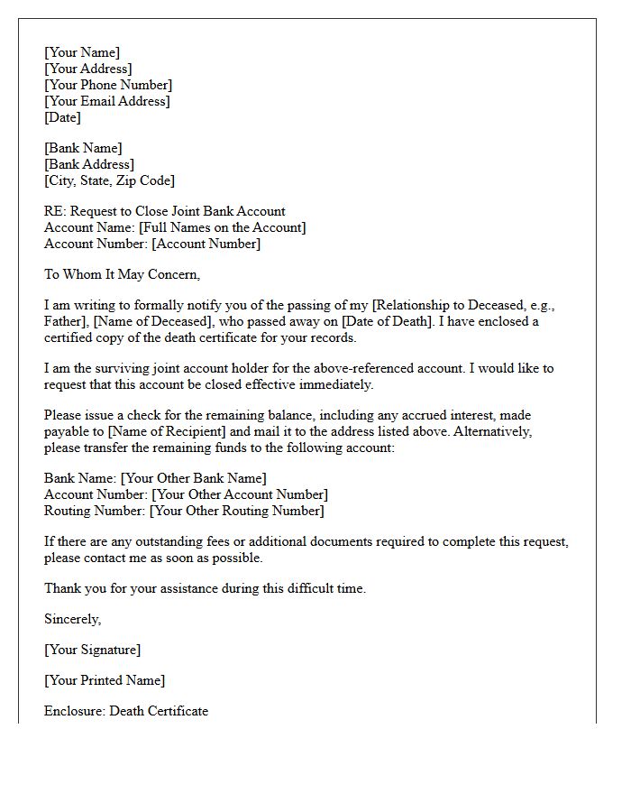 Letter to Close Joint Bank Account of Deceased Relative