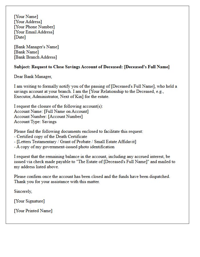 Letter to Close Savings Account of Deceased Relative