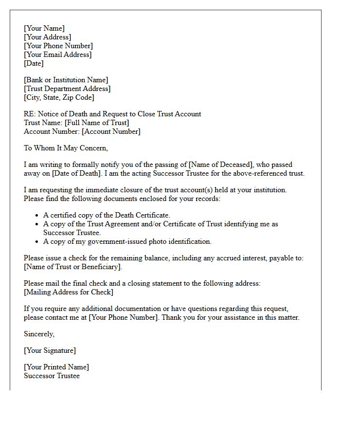Letter to Close Trust Account of Deceased Relative