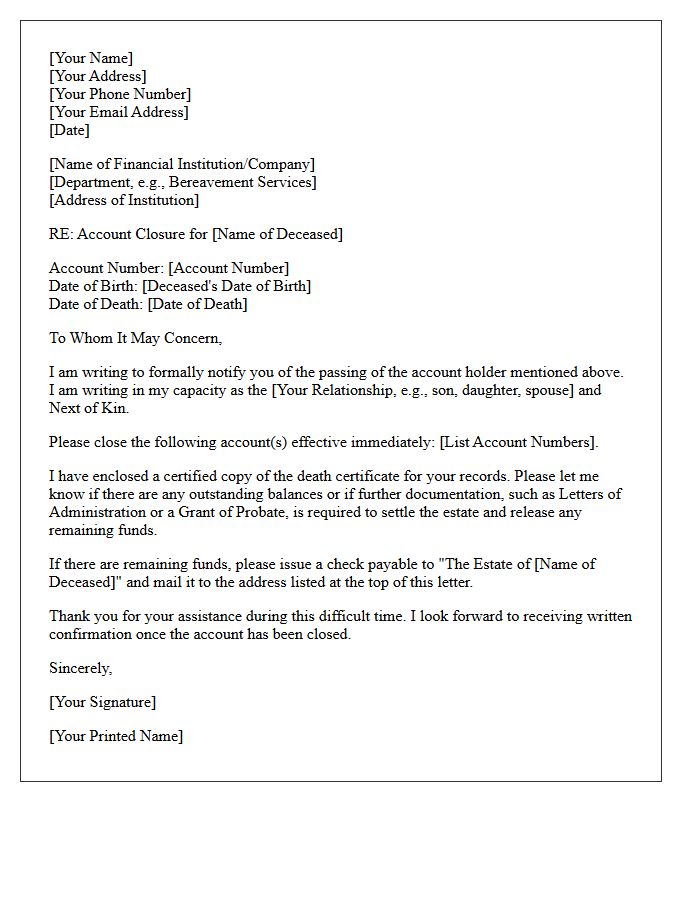 Next of Kin Letter to Close Account of Deceased Relative