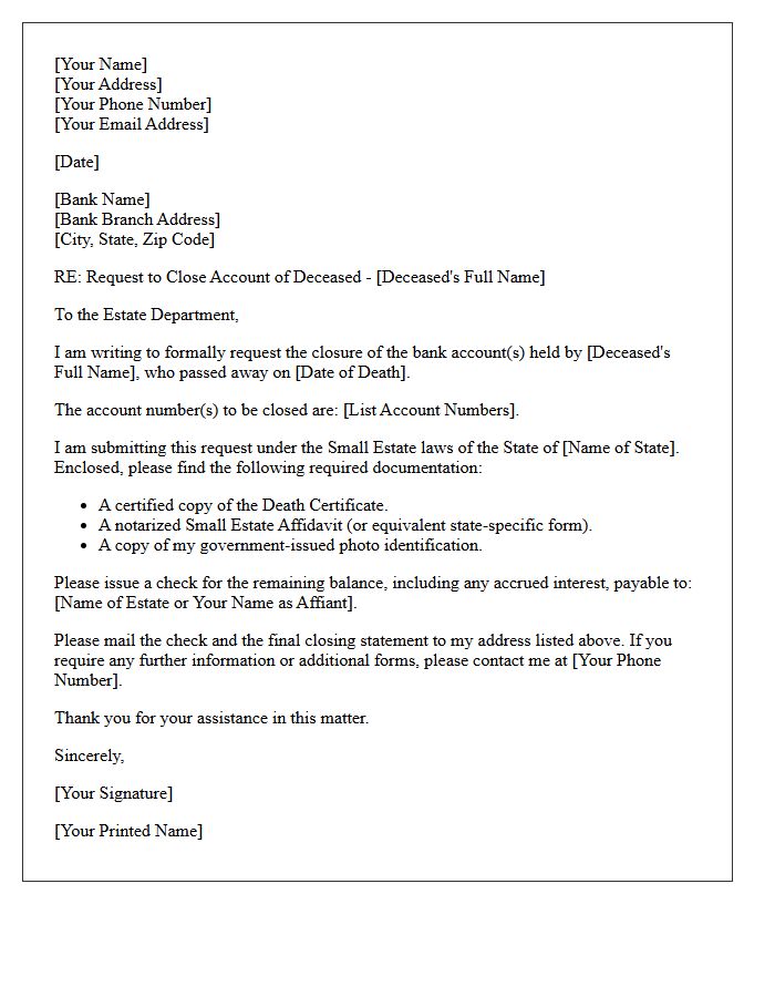 Small Estate Letter to Close Bank Account of Deceased Relative