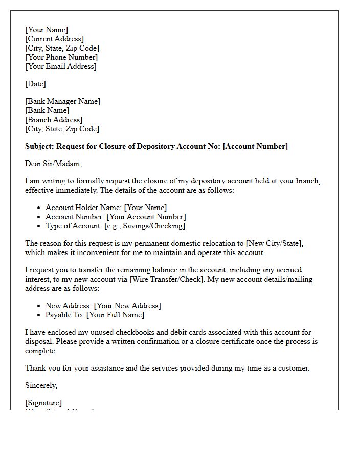 Formal Letter to Close Depository Account Due to Permanent Domestic Move