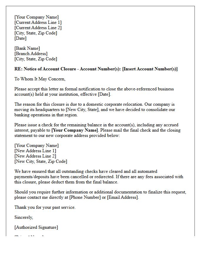 Letter of Account Closure Due to Domestic Corporate Relocation