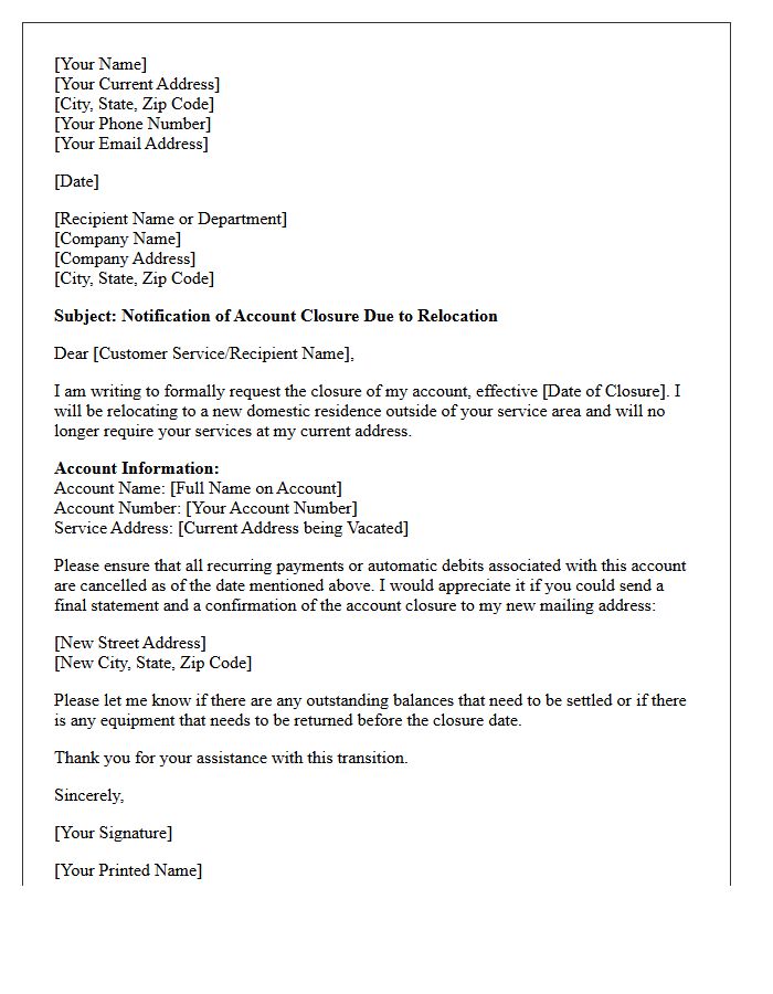 Letter of Notification to Close Account Due to Domestic Residential Relocation