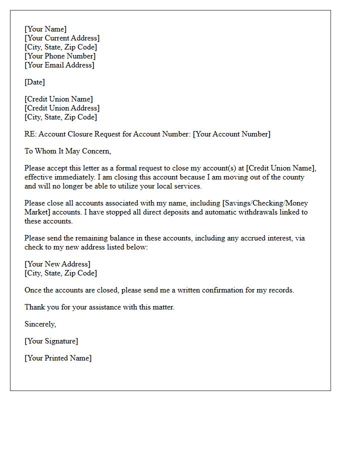 Letter to Close Credit Union Account Due to Moving Out of County