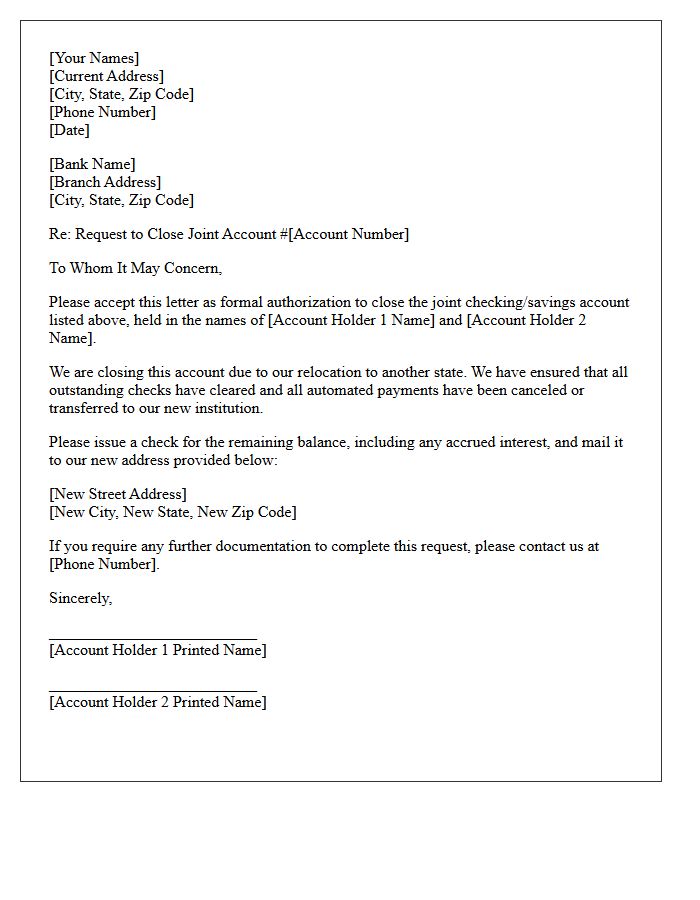 Letter to Close Joint Bank Account Due to Interstate Move