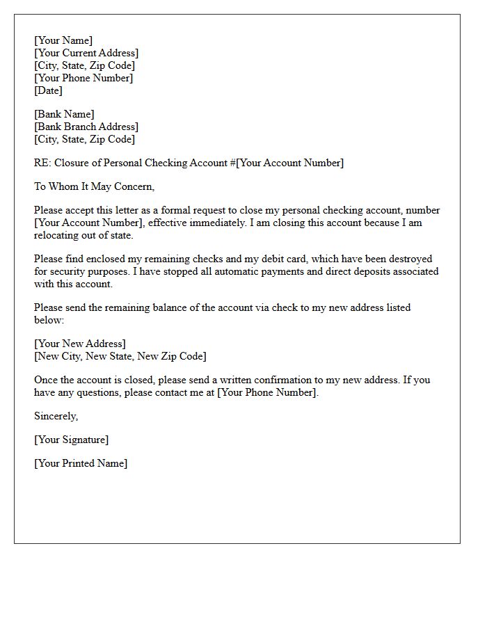 Letter to Close Personal Checking Account Due to Out-of-State Relocation