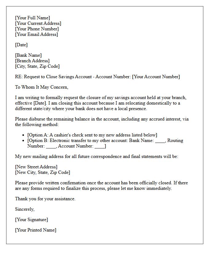 Letter to Terminate Savings Account for Domestic Relocation Purposes