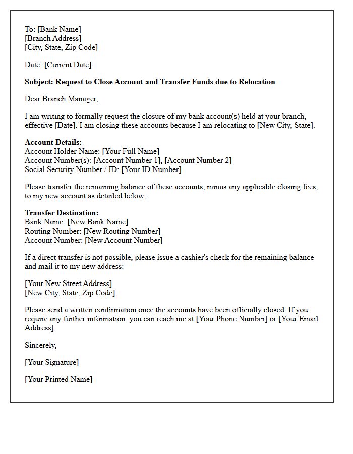 Letter to Transfer and Close Local Bank Account Due to Domestic Relocation