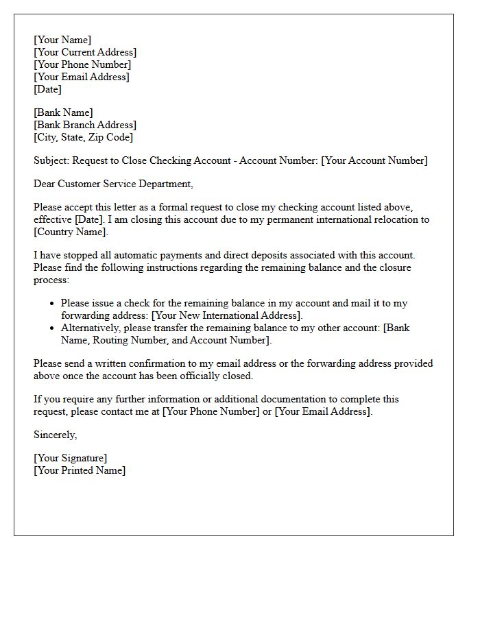 Letter To Close Checking Account Due To International Relocation