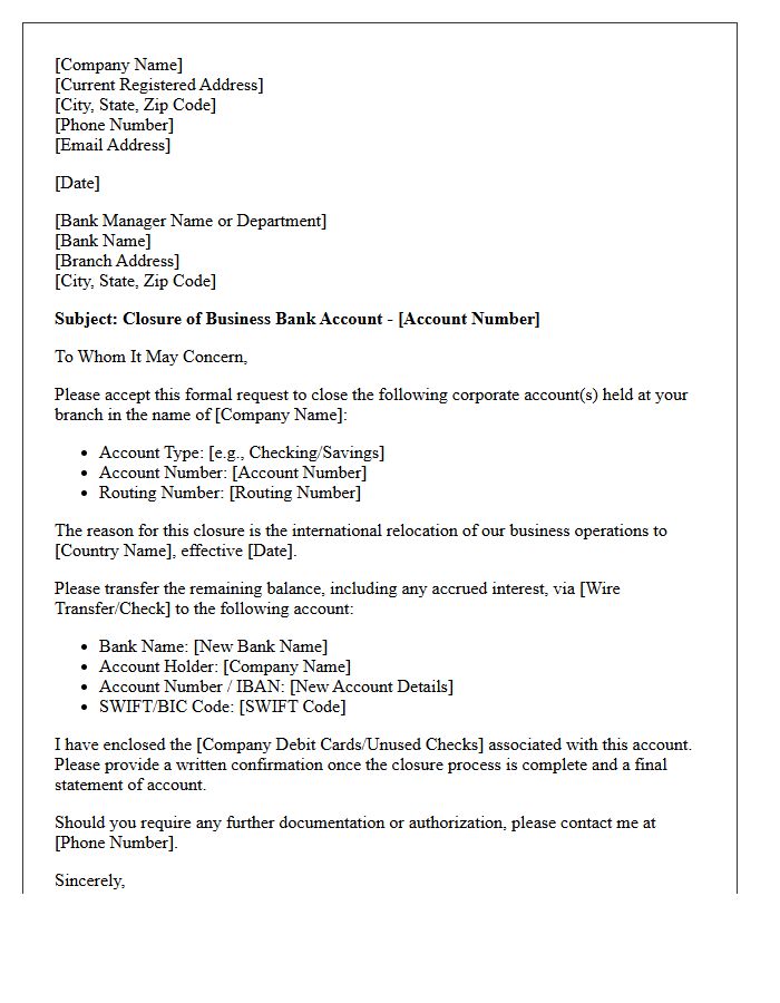 Letter To Close Corporate Bank Account Due To International Relocation